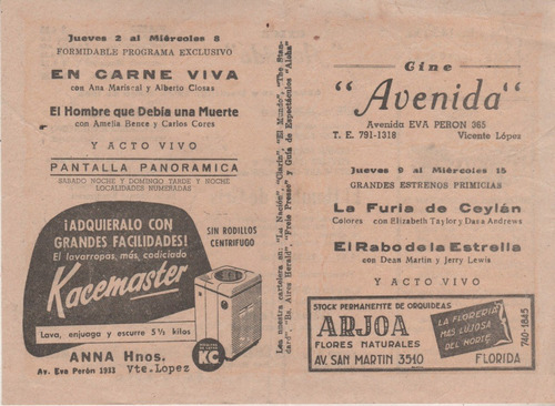 Programa Cine * Avenida * Vte Lopez Año 1955 Av Eva Peron