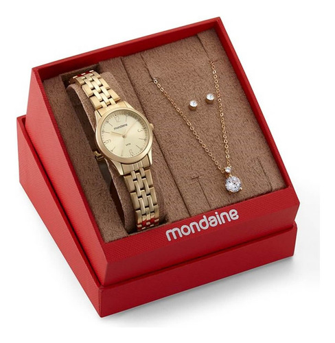 Kit Relógio Mondaine Pequeno Dourado E Colar De Cristal 32720lpmkde1k1