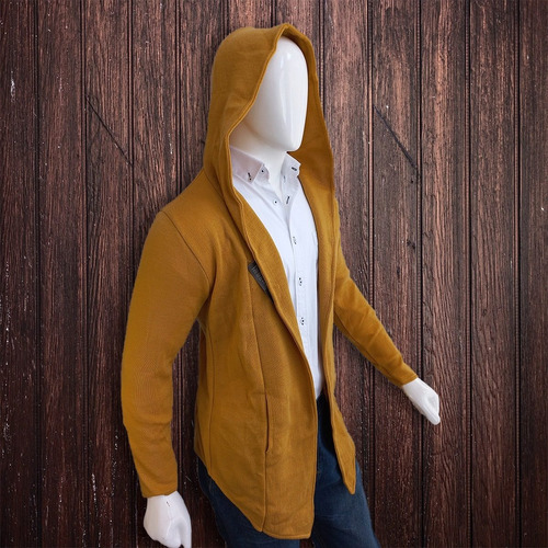 Suéter Largo Capa Saco Abrigo Mostaza Para Hombre Con Gorro