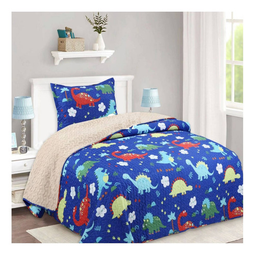 Cubrecama Quilt Infantil Sherpa 1.5 Pza. Mas Funda Diseños Dinosaurios