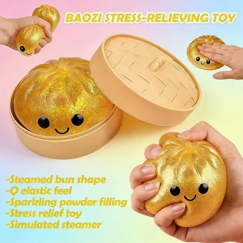 Dumpling Squishy Baozi Brillante – Juguete Aplastable Antiestrés Con Cesta Vaporera, Regalo Para Niños Y Adultos (Blanco)