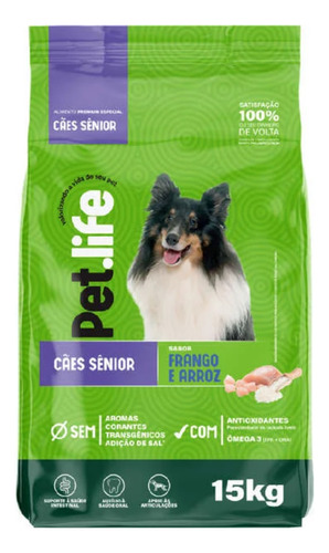 Ração Pet Life Frango Arroz Para Cães Sênior Médio/gde 15kg