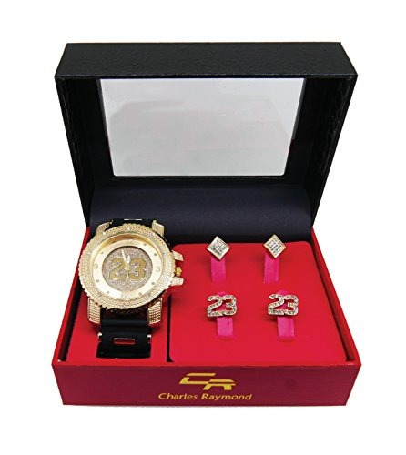 Lucky 23 Iced Out Reloj De Goma Negro Y Dorado Con Shiny Gol