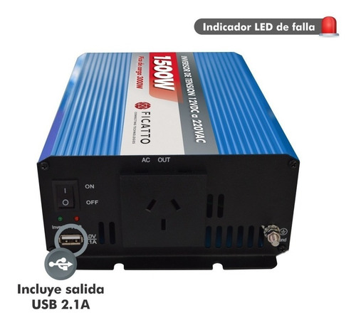 Imagen 3 de 7 de Inversor De Tensión 1500w Ficatto 12v Camping Auto Usb