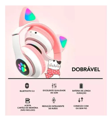 Fone De Ouvido Gatinho Bluetooth Com Luzes Led Infantil Rosa