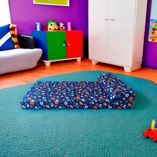 Imagen 3 de 7 de Sofá Cama Infantil Plegable, Colchoneta Con Soporte Firmé Color Azul Pelotas