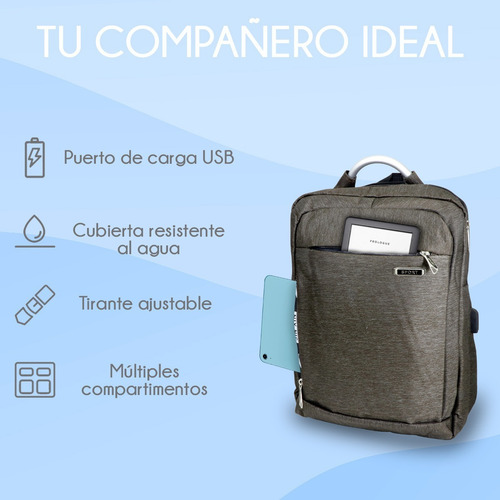 Mochila Impermeable Laptop Puerto Usb Escolar Portátil Viaje Color Marrón Diseño de la tela Liso