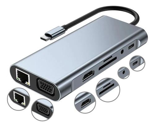 Adaptador Multiportas 10 Em 1 Tipo C Hdmi Ethernet Sd Bk-c3
