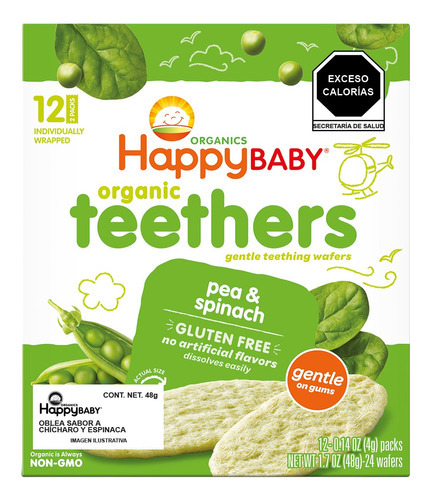 Happy Baby Teethers Orgánicos - Caja 6 X 12 (2-packs) Sabor Chícharo Y Espinaca