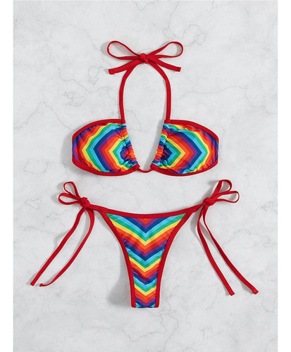 Shein Bañador Bikini De Rayas De Arcoíris Con Cordón Lateral