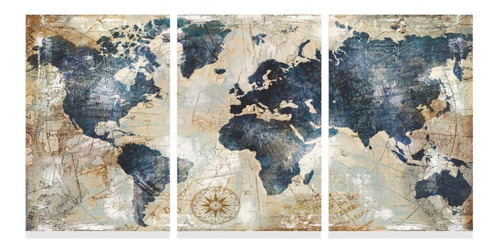 Imagem 2 de 9 de Quadro Mapa Mundi Rústico Elegante Sala Escritório Canvas