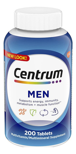 Suplemento en tabletas Centrum Men con sabor multivitamínico y multimineral sin sabor, en un tarro de plástico de 200 ml