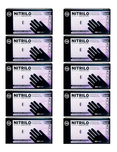 10 Guantes De Nitrilo Negros Descartables X 100 Unidades