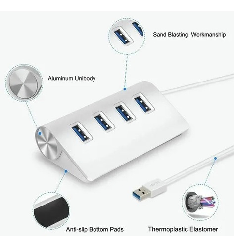 Hub De 4 Puertos Usb 3.0 Para iMac O Pc, Plateado