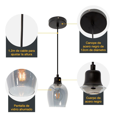 Lámpara Colgante Moderna Negro Vidrio Ahumado 40w E27 1 Luz