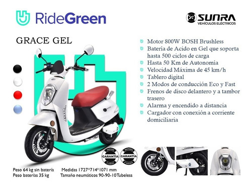 Sunra Grace Gel Moto Scooter Eléctrica 18 Cuotas De