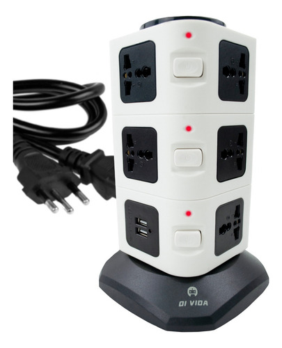 Tomada Elétrica Vertical 4 Saídas Universais 2 Usb 2500w Cor Branco