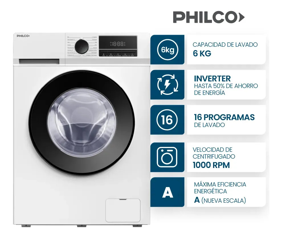 Lavarropas Philco 6 Kg Carga Frontal Inverter Blanco