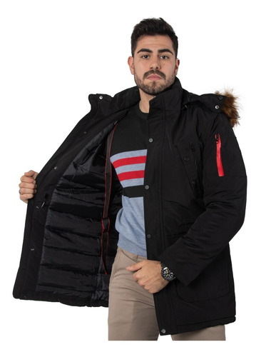 Imagen 3 de 10 de Campera Hombre Parka Impermeable Negro Capucha Piel Imported
