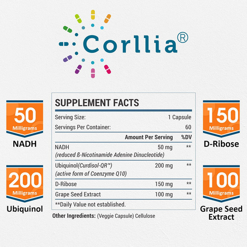 Suplemento Corllia Nadh 50 Mg + Coq10 200 Mg + D-ribose 150