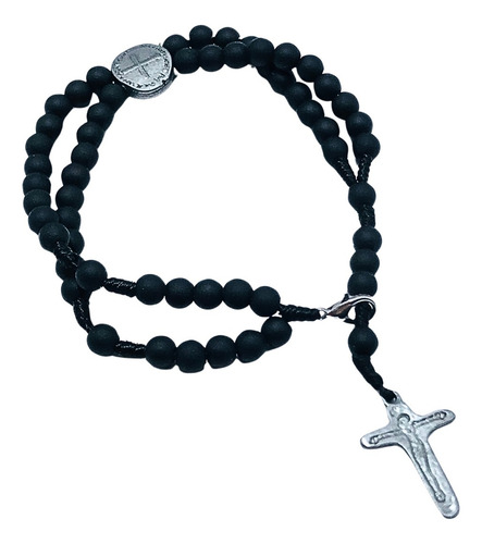 Pulseira Terço Medalha Das Duas Cruzes Preto Fosco