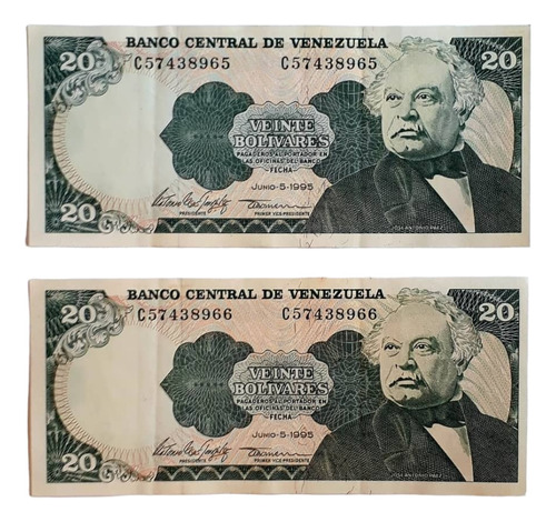 Billetes De 20 Bs. 5/6/95 - Serial C8 - 965 Y 966 