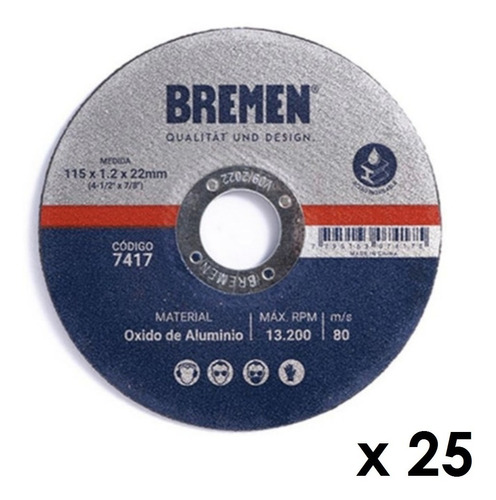 Disco Corte 25 Unid 115x1,2 Amoladora Bremen 115mm X 1,2mm