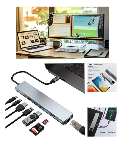 Dock Station Usb C 8 Em 1 Hdmi Lan Hp Sony Lenovo LG Xiaomi