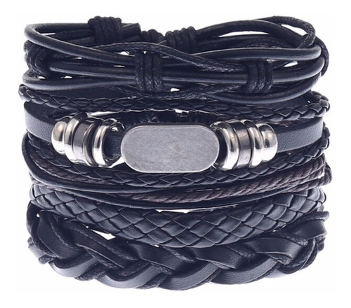 Conjunto Pulsera Brazalete Hombre Moda Cuero 5 En 1 Dije