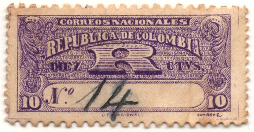 Colombia 10 Centavos Recomendado 1909 Estampilla R 14
