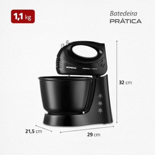 Batedeira Prática B44 B-44 Mondial Potência De 400w Capacidade De 3,6 Litros Com 3 Velocidades E Turbo Batedores Em Aço Cromado Plugue 2 Pinos Preto