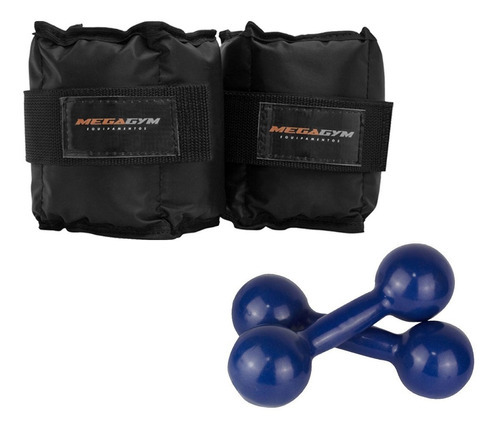 2 Halteres Bola Emborrachado 2kg + Par De Caneleira 4 Kg Cor Azul