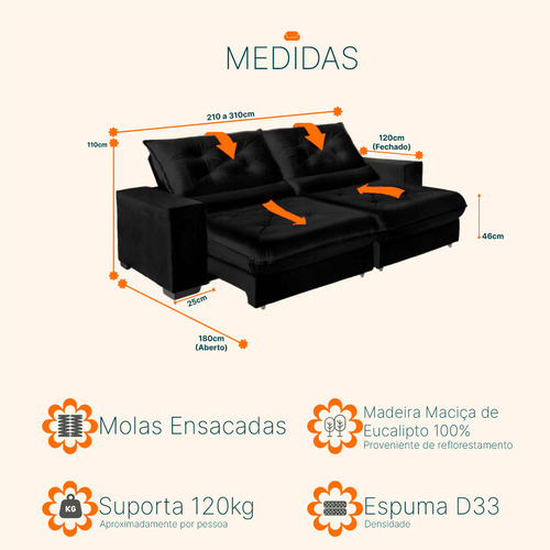 Sofá Retrátil e Reclinável 3,10m 6 Lugares Suede Cancún Preto