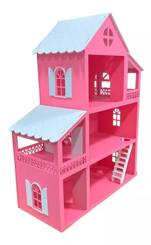 Casa Casinha de Boneca Rosa Branco Mdf + Mini Móveis Montados em