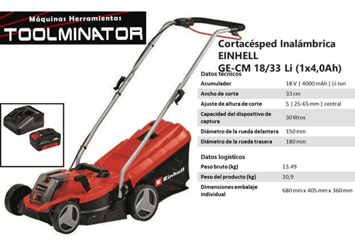 Imagen 3 de 9 de Cortacésped Inalámbrica Einhell Ge-cm 18/33 Li +bat 4ah+carg