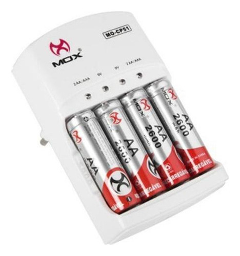 Carregador Aa Mox Mo-cp51 + 4 Pilhas 2600mah Bivolt