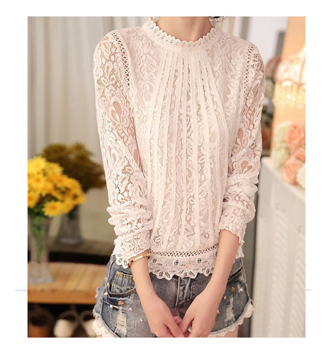 Top Manga Larga Mujer Costura Encaje Camiseta Delgado Hueco