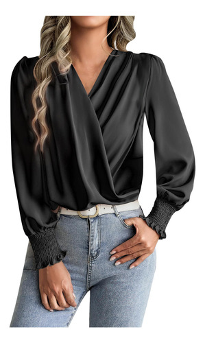 Camisa Feminina De Chiffon Com Decote Em V Lantern Commuting