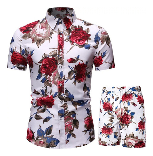 Camisa Hawaiana Slim Fit Floreada Casual Para Hombre+shorts