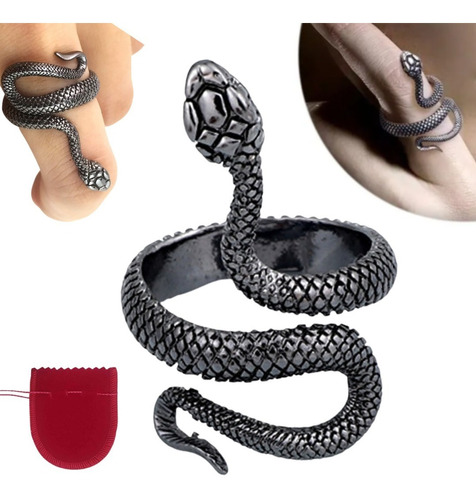 Anel Preto Prateado Ajustável Cobra Luxo Serpente Snake + Nf