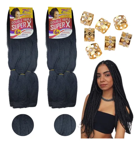 comprar Kit 2 Pacotes Cabelo Jumbo Super X Para Tranças 400g + Anéis Cor Preto #1