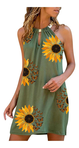 Vestido Corto Halter Para Mujer Estampado Girasol Manga