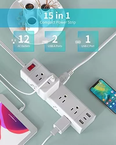 Fararaka - Regleta de alimentación con USB C, cable de extensión plano de  10 pies con múltiples tomas de corriente con 12 tomas y 3 puertos USB