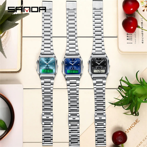 Reloj Digital Led De Doble Pantalla Sanda 747 De Acero Inoxi