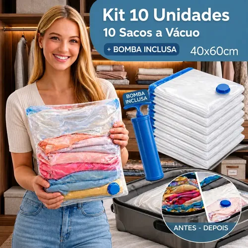 Kit 10 Sacos A Vácuo 40cmx60cm Kit Com Bomba Organizador De Roupas Viagem Casa Mala Otimização De Espaço