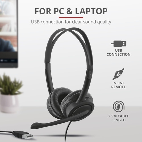 Imagen 7 de 10 de Auricular Trust Mauro Usb Headset Microfono Pc Cable 2,5m *