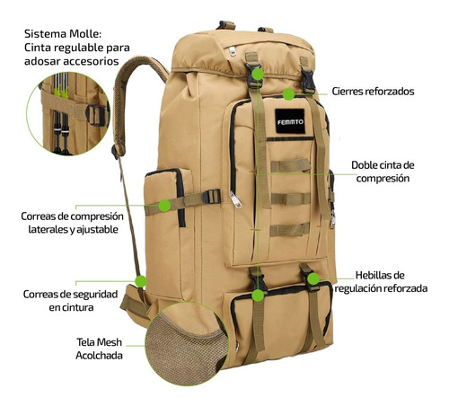 Imagen 2 de 8 de Mochila Tactica Camping 70-100 Lts Mochilero Ampliable