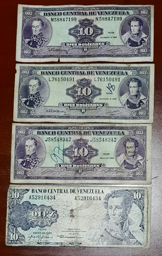 4 Billetes De Diez Bs. Dos De 1992. Uno De 1990 Y 1980. 