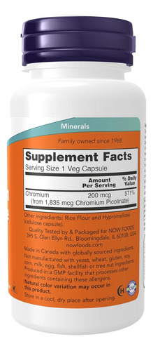 Now | Chromium Picolinate 200mcg | Insulin Co-factor | 100 Sin Sabor