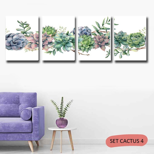 Cuadros Cactus 4u 20x30 Tela Listos P Colgar Plantas Hojas